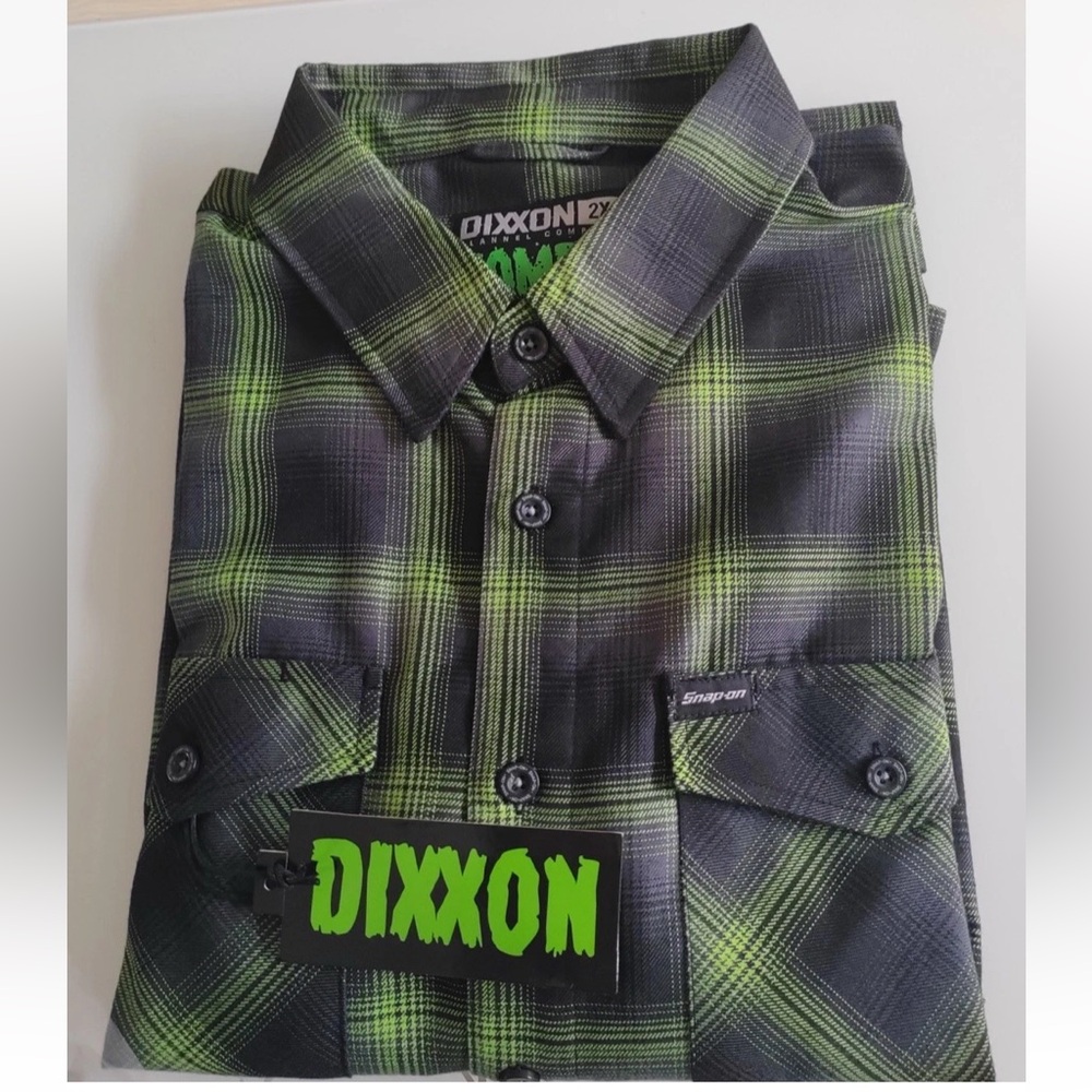 2XL - Snap On Dixxon Zombie Long Sleeve Flannel Shirt Green Plaid Button Down